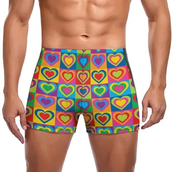 Плавки с красочным принтом в виде сердца, эластичные плавки-боксеры в стиле поп-арт с сердечками, изготовленные на заказ, пляжные мужские купальники Пуш-ап