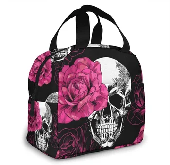 Портативная изолированная сумка для ланча с принтом розовых роз и черепа, сумка-тоут для женщин, ланч-бокс для взрослых