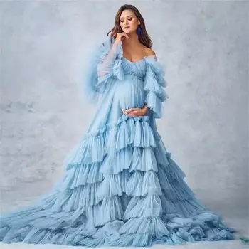 Пышное тюлевое платье для фотосессии беременных с оборками, длинное свадебное платье для душа ребенка