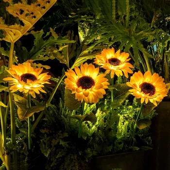 Светодиодные Солнечные наружные фонари Водонепроницаемые ландшафтные лампы Подсолнух Интеллектуальное управление освещением Фонари для двора дорожки Газона сада