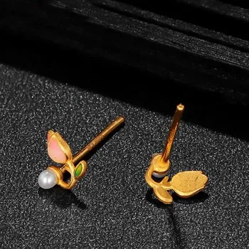 Серьги-гвоздики из желтого золота 999 пробы 24K с жемчугом-тюльпаном, женские серьги