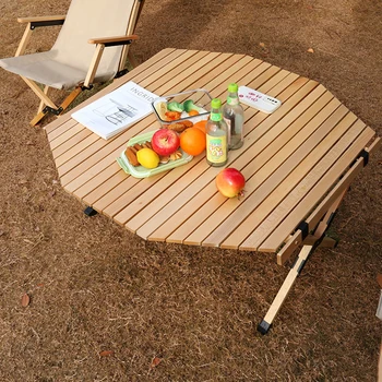 Складной круглый стол для кемпинга на открытом воздухе, спинка для рыбалки, стол для пикника, барбекю, восьмиугольный стол для рулета яиц из массива дерева, Бесплатная сумка для хранения