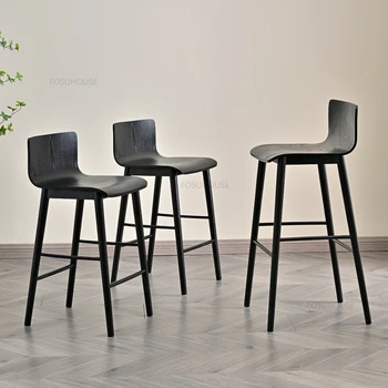 Современные минималистичные барные стулья из массива Дерева Дизайнерская мебель для бара в скандинавском стиле, Стойка регистрации, Высокий барный стул, Обеденный стул с домашней спинкой