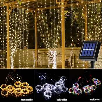 Солнечный занавес 3M Открытый водонепроницаемый 300 светодиодных гирлянд на солнечной энергии Fairy Garland String Lights для дворового садового павильона Рамадан