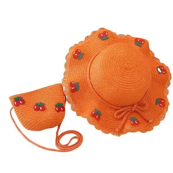 Сумочка Grils Sunhat с вишневым декором, очаровательная застежка-молния, для маленьких девочек, Дышащая Соломенная шляпа, сумочка, набор сумочек для улицы
