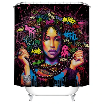 Художественный дизайн, граффити, хип-хоп, африканская девушка с черными волосами, Большая серьга с современным зданием, занавеска для душа для декора ванной комнаты