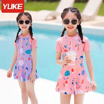 Цельный купальник YUKE в стиле ретро для девочек, детские купальники с принтом на молнии спереди, юбка принцессы для малышей, детский купальный костюм для плавания