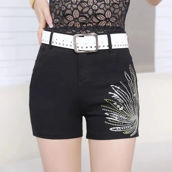 Черные стрейчевые джинсовые шорты для женщин, лето 2023, новые корейские женские облегающие брюки с высокой талией, расшитые пайетками, с поясом