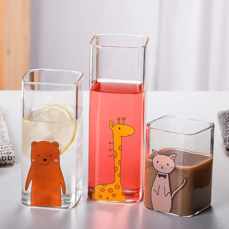 Простая квадратная стеклянная чашка, чашка для сока с милыми животными, чашка для чая с молоком, стеклянная прозрачная кружка для питья, молочный завтрак